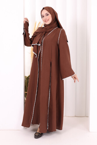 Dantel Şeritli Abaya Elbise Şal Üçlü Takım 6074 Kahverengi - 2