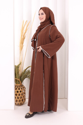 Dantel Şeritli Abaya Elbise Şal Üçlü Takım 6074 Kahverengi - 3