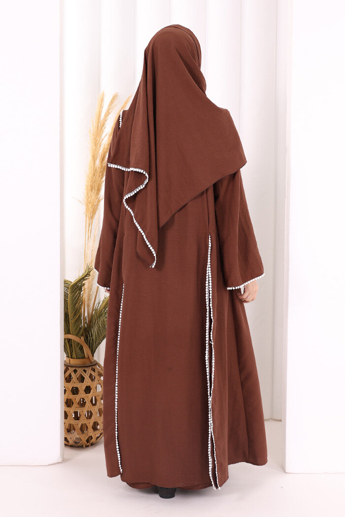 Dantel Şeritli Abaya Elbise Şal Üçlü Takım 6074 Kahverengi - 4
