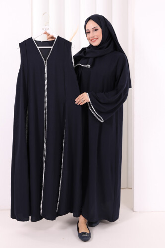Dantel Şeritli Abaya Elbise Şal Üçlü Takım 6074 Lacivert
