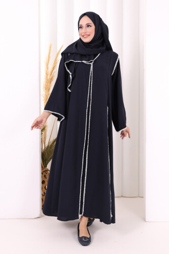 Dantel Şeritli Abaya Elbise Şal Üçlü Takım 6074 Lacivert - 2
