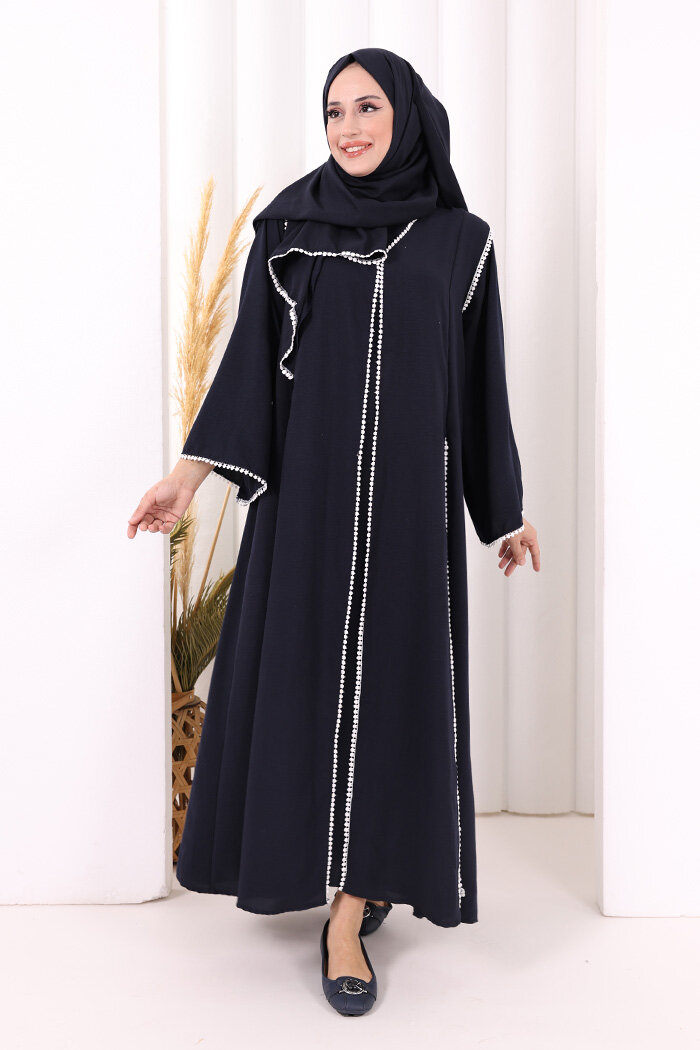 Dantel Şeritli Abaya Elbise Şal Üçlü Takım 6074 Lacivert - 2