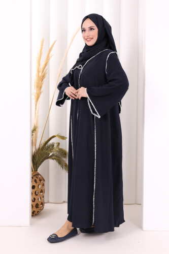 Dantel Şeritli Abaya Elbise Şal Üçlü Takım 6074 Lacivert - 3