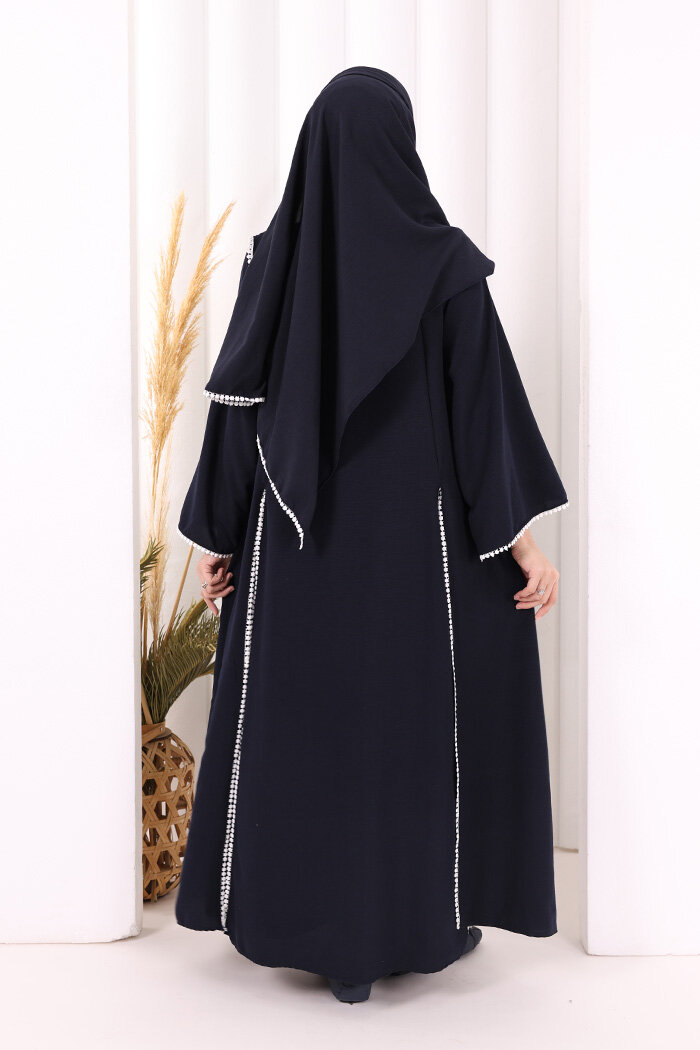 Dantel Şeritli Abaya Elbise Şal Üçlü Takım 6074 Lacivert - 4