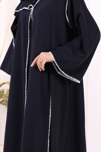 Dantel Şeritli Abaya Elbise Şal Üçlü Takım 6074 Lacivert - 6