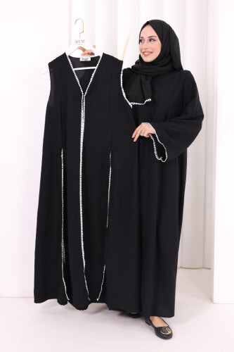 Dantel Şeritli Abaya Elbise Şal Üçlü Takım 6074 Siyah