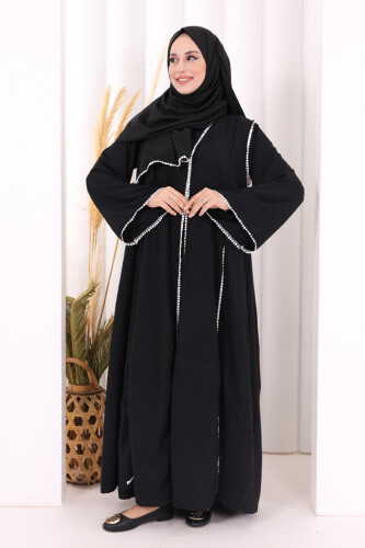 Dantel Şeritli Abaya Elbise Şal Üçlü Takım 6074 Siyah - 2