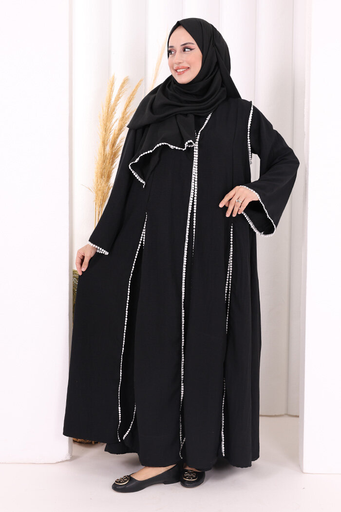 Dantel Şeritli Abaya Elbise Şal Üçlü Takım 6074 Siyah - 3