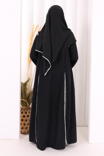Dantel Şeritli Abaya Elbise Şal Üçlü Takım 6074 Siyah - 4