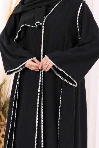 Dantel Şeritli Abaya Elbise Şal Üçlü Takım 6074 Siyah - 6