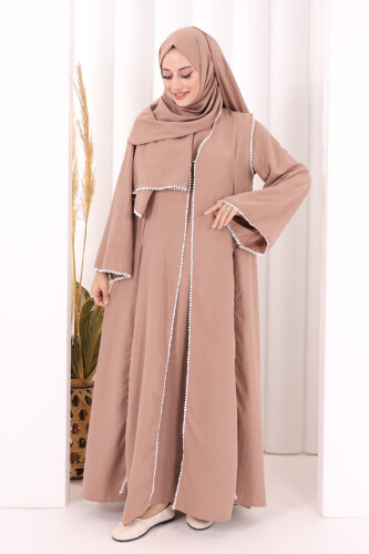 Dantel Şeritli Abaya Elbise Şal Üçlü Takım 6074 Somon