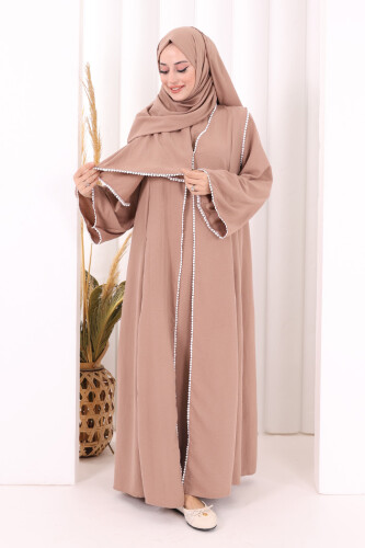 Dantel Şeritli Abaya Elbise Şal Üçlü Takım 6074 Somon - 2