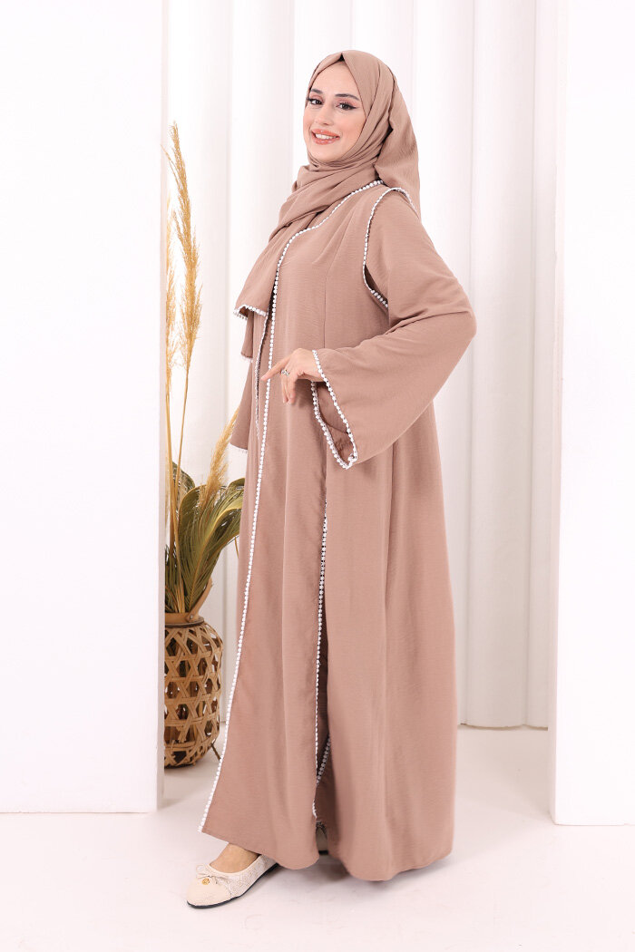 Dantel Şeritli Abaya Elbise Şal Üçlü Takım 6074 Somon - 3