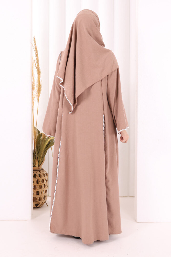 Dantel Şeritli Abaya Elbise Şal Üçlü Takım 6074 Somon - 4