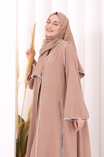 Dantel Şeritli Abaya Elbise Şal Üçlü Takım 6074 Somon - 5