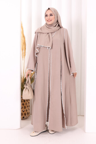 Dantel Şeritli Abaya Elbise Şal Üçlü Takım 6074 Vizon