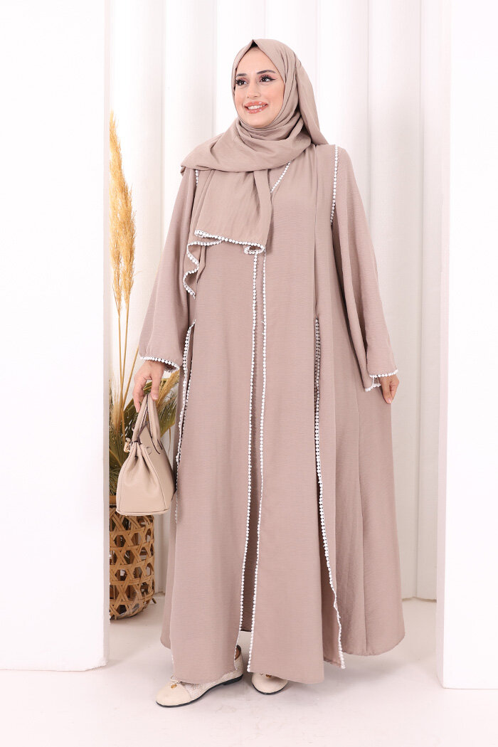 Dantel Şeritli Abaya Elbise Şal Üçlü Takım 6074 Vizon - 1