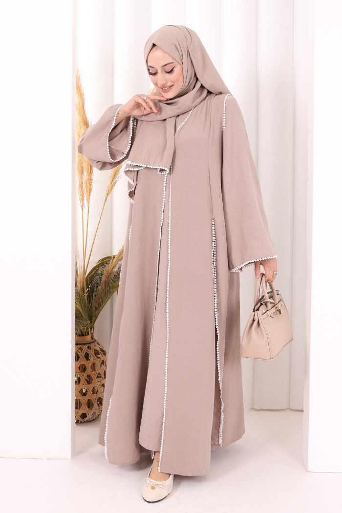 Dantel Şeritli Abaya Elbise Şal Üçlü Takım 6074 Vizon - 2