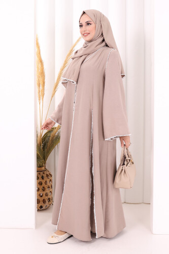 Dantel Şeritli Abaya Elbise Şal Üçlü Takım 6074 Vizon - 3