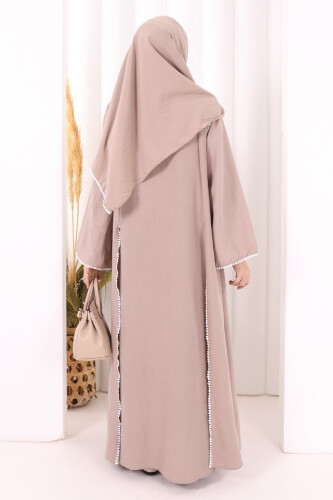 Dantel Şeritli Abaya Elbise Şal Üçlü Takım 6074 Vizon - 4