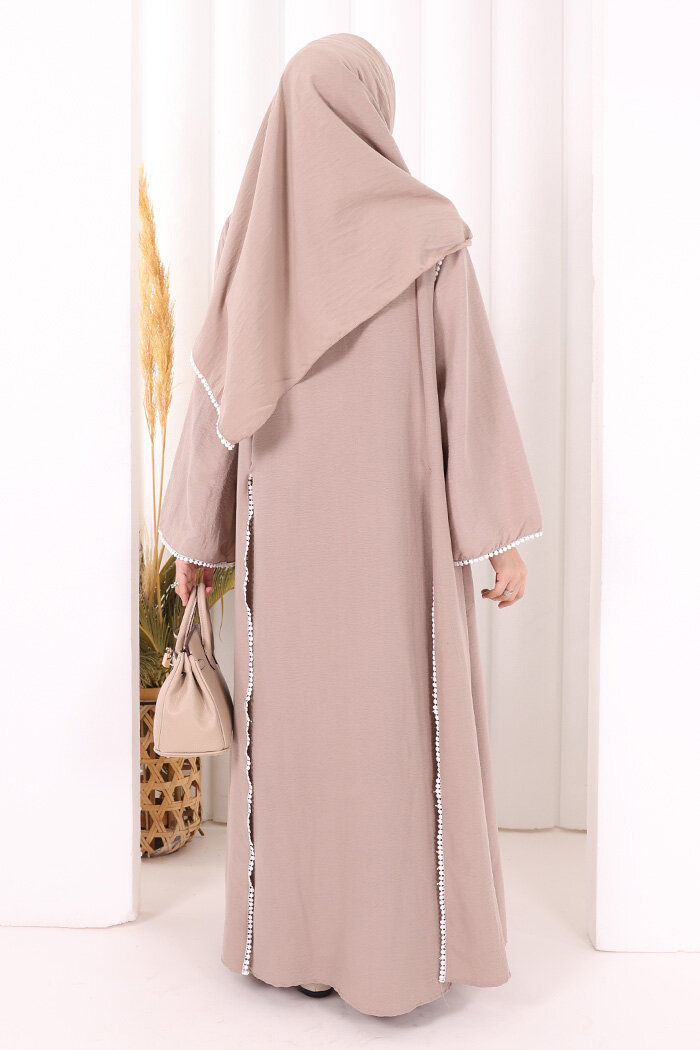 Dantel Şeritli Abaya Elbise Şal Üçlü Takım 6074 Vizon - 4