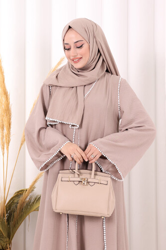 Dantel Şeritli Abaya Elbise Şal Üçlü Takım 6074 Vizon - 5