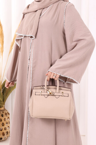 Dantel Şeritli Abaya Elbise Şal Üçlü Takım 6074 Vizon - 6