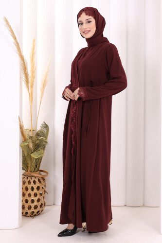 Danteli Şallı Abaya Şal Hediyelidir! 7069 Bordo - 3