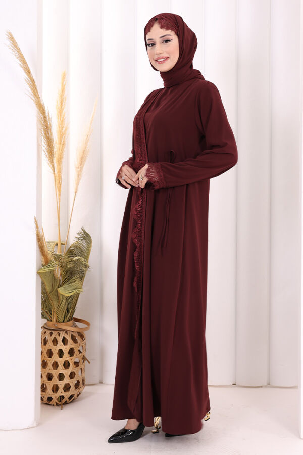 Danteli Şallı Abaya Şal Hediyelidir! 7069 Bordo - 3