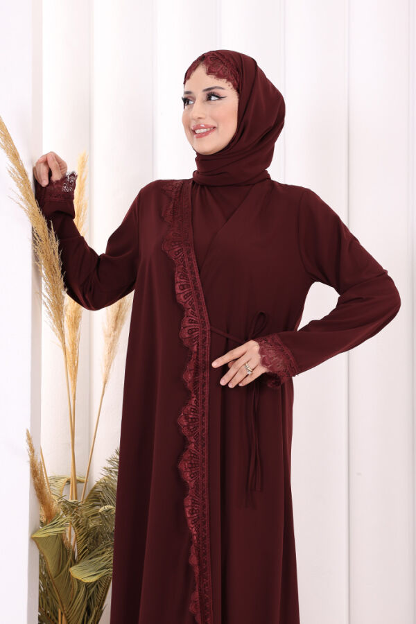Danteli Şallı Abaya Şal Hediyelidir! 7069 Bordo - 5