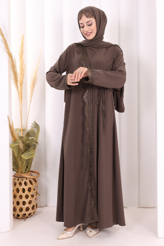 Danteli Şallı Abaya Şal Hediyelidir! 7069 Kahverengi