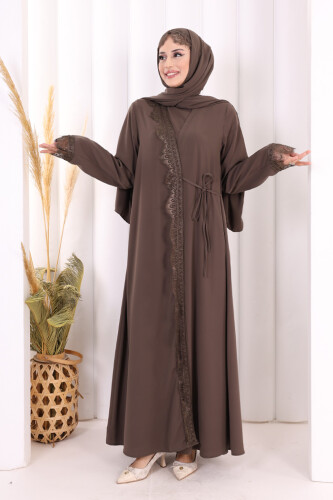 Danteli Şallı Abaya Şal Hediyelidir! 7069 Kahverengi - 2