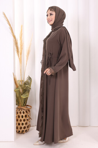 Danteli Şallı Abaya Şal Hediyelidir! 7069 Kahverengi - 3