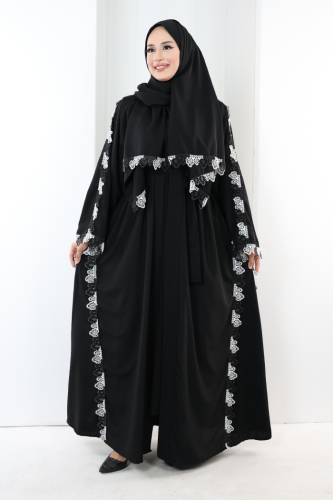 Dantelli Şallı Abaya 7095 Siyah