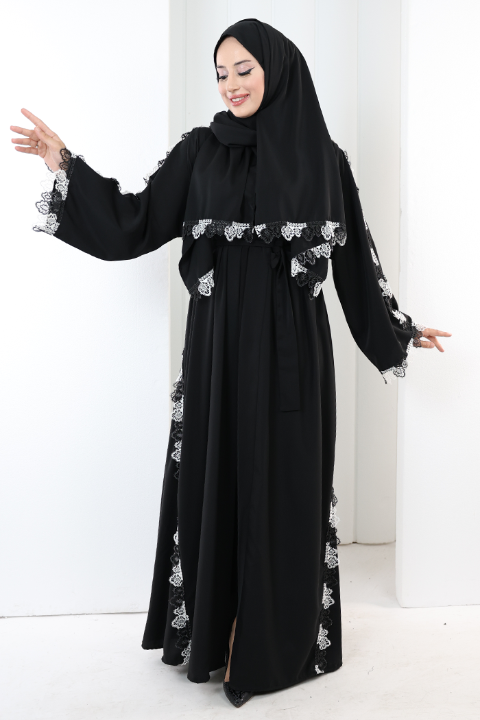 Dantelli Şallı Abaya 7095 Siyah - 2