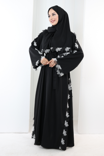Dantelli Şallı Abaya 7095 Siyah - 3