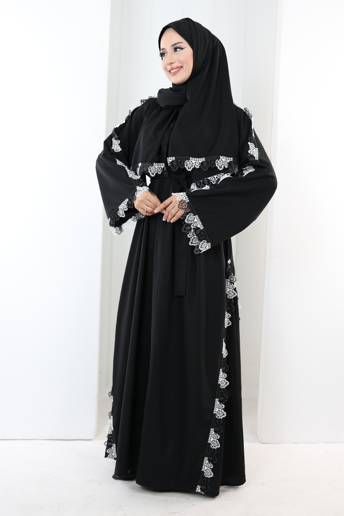 Dantelli Şallı Abaya 7095 Siyah - 3