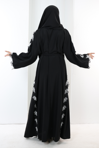 Dantelli Şallı Abaya 7095 Siyah - 4