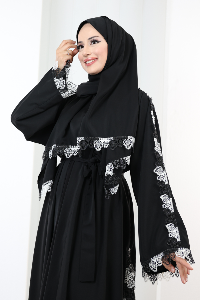Dantelli Şallı Abaya 7095 Siyah - 5
