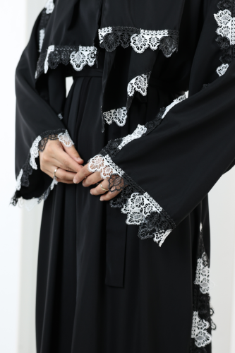 Dantelli Şallı Abaya 7095 Siyah - 6