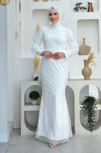 Desenli Bel Kemerli Balık Abiye Elbise 1139 Ekru - Bym Fashion