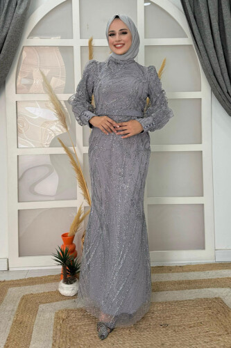 Desenli Bel Kemerli Balık Abiye Elbise 1139 Gri - Bym Fashion