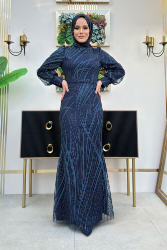 Desenli Bel Kemerli Balık Abiye Elbise 1139 Lacivert - Bym Fashion