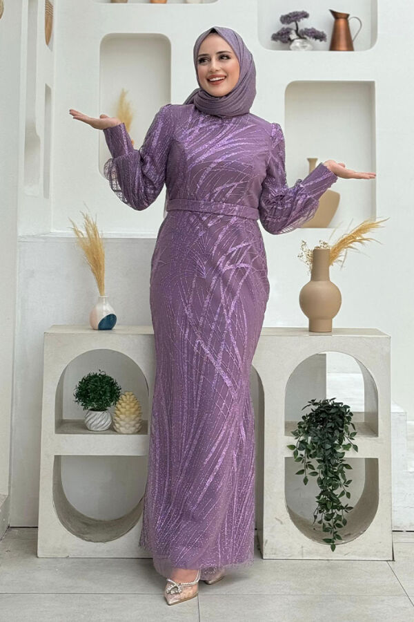 Desenli Bel Kemerli Balık Abiye Elbise 1139 Lila - 1