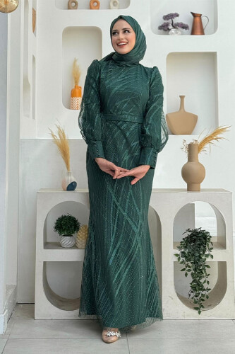 Desenli Bel Kemerli Balık Abiye Elbise 1139 Zümrüt - Bym Fashion