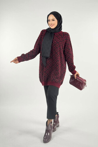Desenli Bisiklet Yaka Tunik 18326 Bordo 