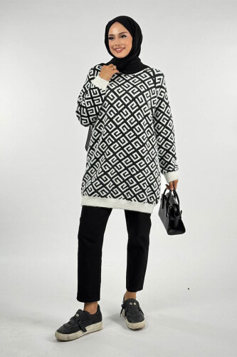 Desenli Bisiklet Yaka Tunik 18326 Ekru - Bym Fashion