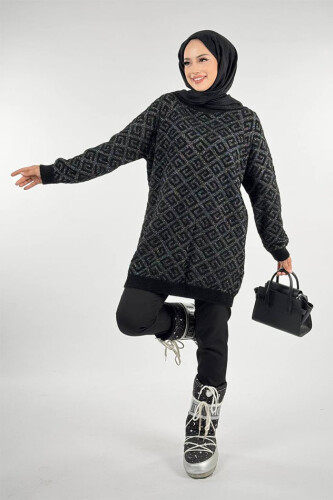 Desenli Bisiklet Yaka Tunik 18326 Siyah - Bym Fashion