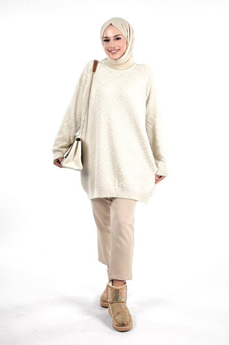 Desenli Bisiklet Yaka Tunik 18326 Taş - Bym Fashion