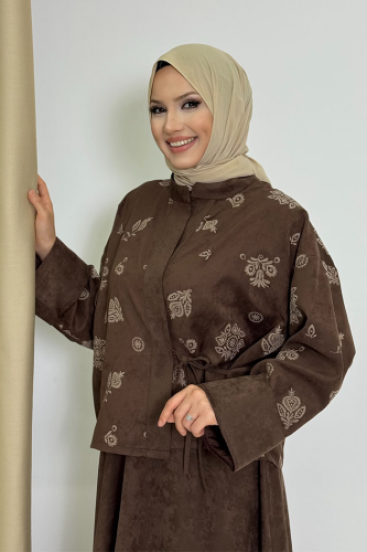 Desenli Ceket ve Etek Takım 8718 Kahverengi - 5